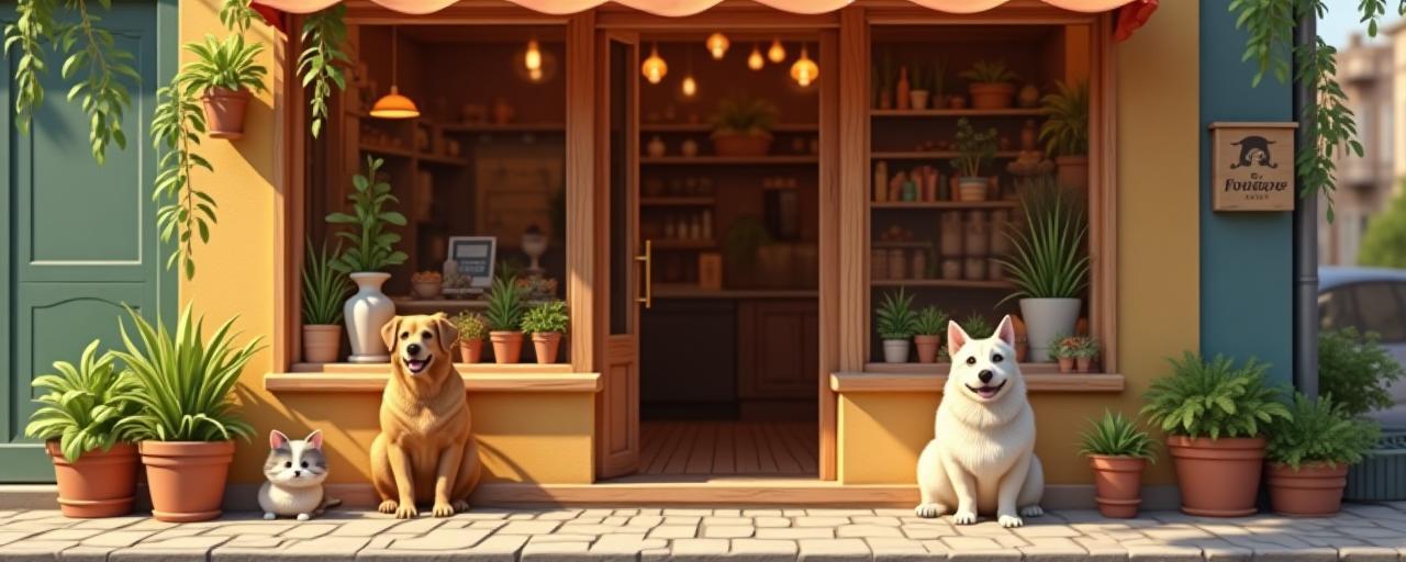 Entrée d’une boutique animalière chaleureuse avec chiens et chats